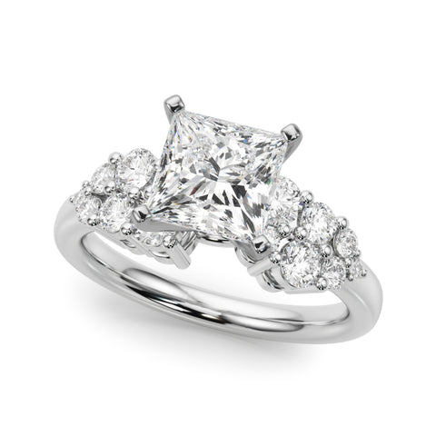 Silver Princess Cluster Diamond Engagement Ring with Pavé Band and Four-Prong Setting 2