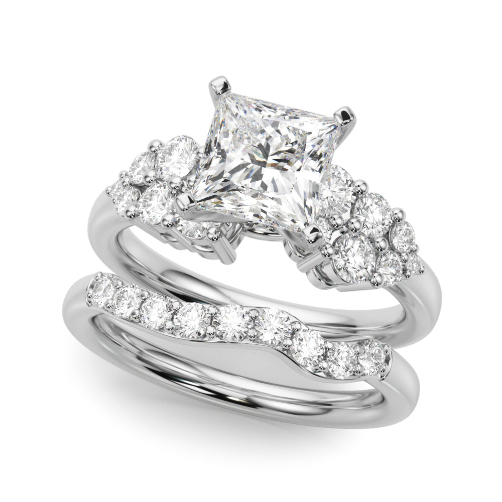 Silver Princess Cluster Diamond Engagement Ring with Pavé Band and Four-Prong Setting