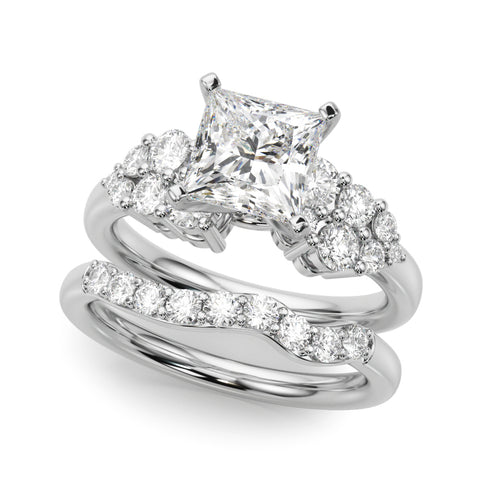 Silver Princess Cluster Diamond Engagement Ring with Pavé Band and Four-Prong Setting