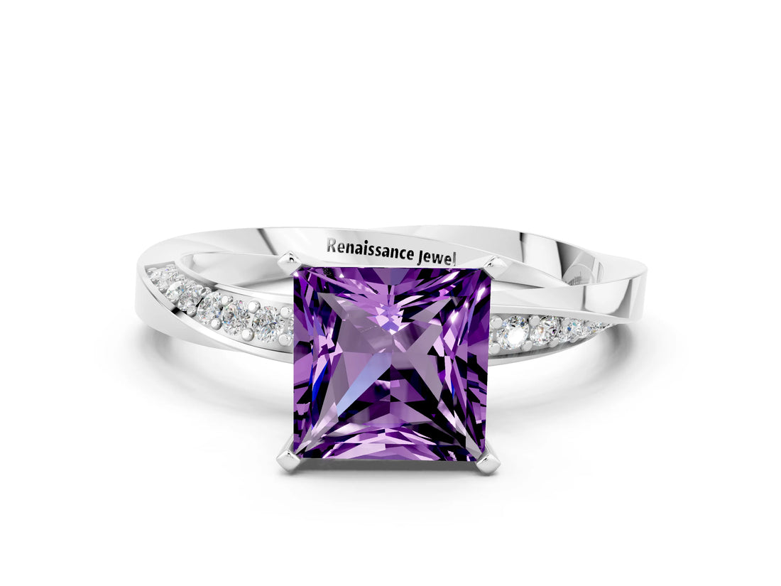 Silver Princess Cut Amethyst Engagement Ring with Side Stone Accents and Four-Prong Setting_12