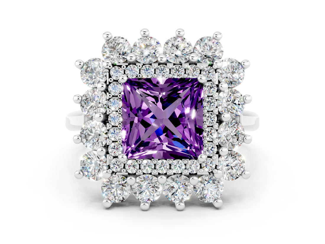 Silver Princess Cut Amethyst Floral Double Halo Engagement Ring with Prong Setting_120