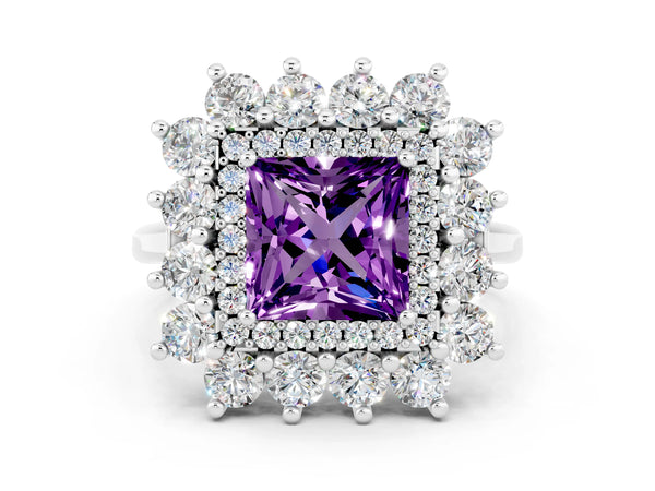 Silver Princess Cut Amethyst Floral Double Halo Engagement Ring with Prong Setting