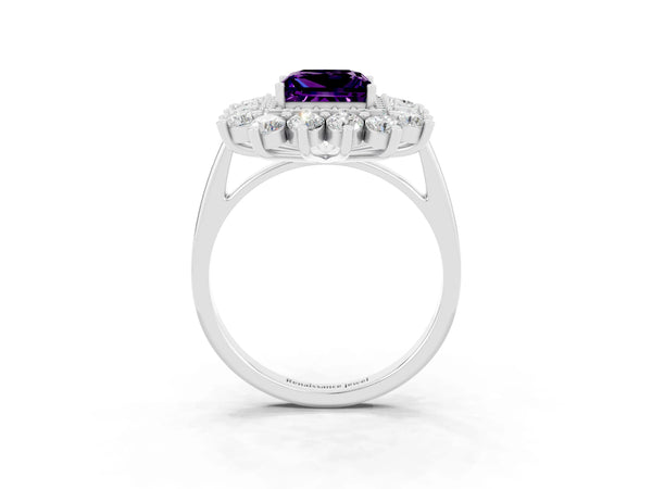 Silver Princess Cut Amethyst Floral Double Halo Engagement Ring with Prong Setting