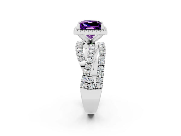Sterling Silver Princess Cut Amethyst Halo Engagement Ring with Twisted Pave Split Shank