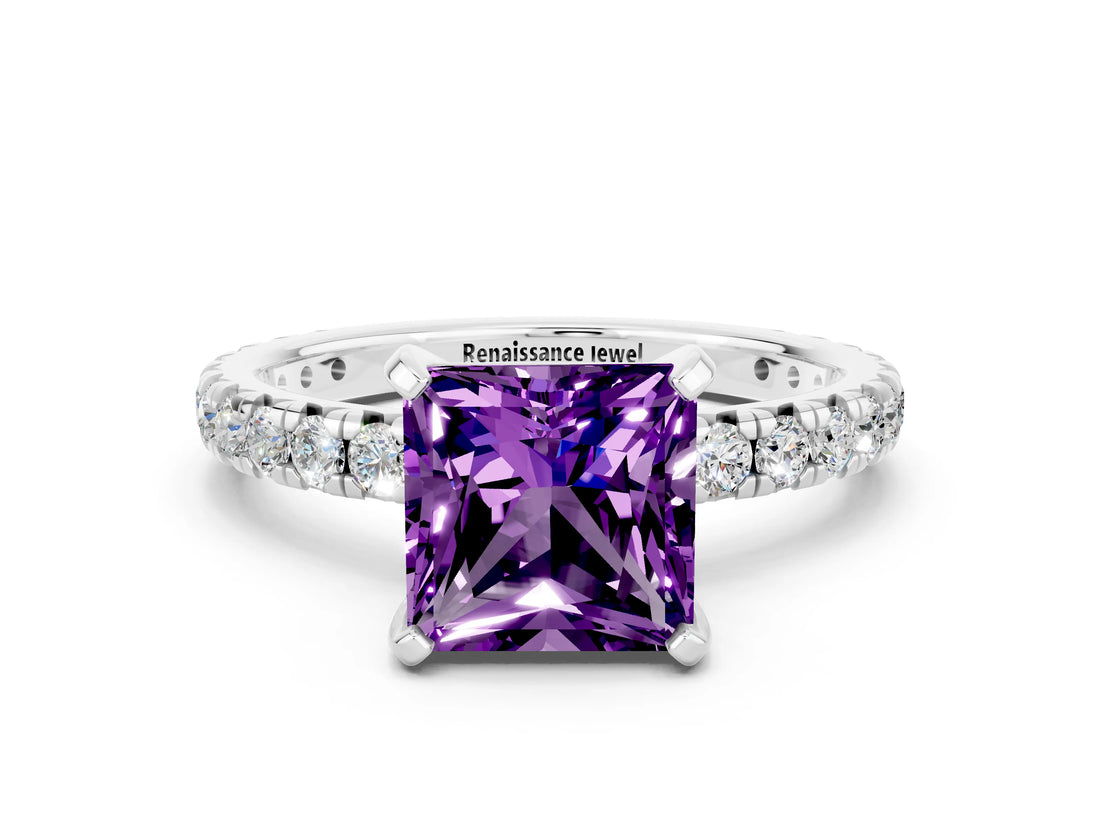 Silver Princess Cut Amethyst Pavé Solitaire Ring with Round Band and Prong Setting_42