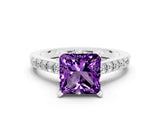 Silver Princess Cut Amethyst Solitaire Ring with Crossover Gallery and Round  Pavé Band_48