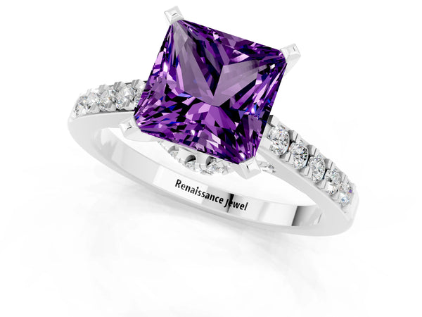 Silver Princess Cut Amethyst Solitaire Ring with Crossover Gallery and Round  Pavé Band