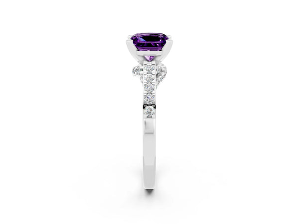 Silver Princess Cut Amethyst Solitaire Ring with Crossover Gallery and Round  Pavé Band