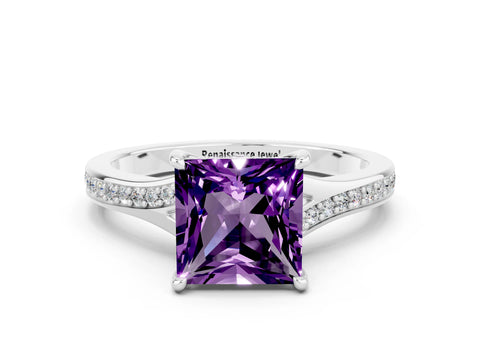 Silver Princess Cut Amethyst Solitaire Ring with Pavé Band and Prong Setting_12