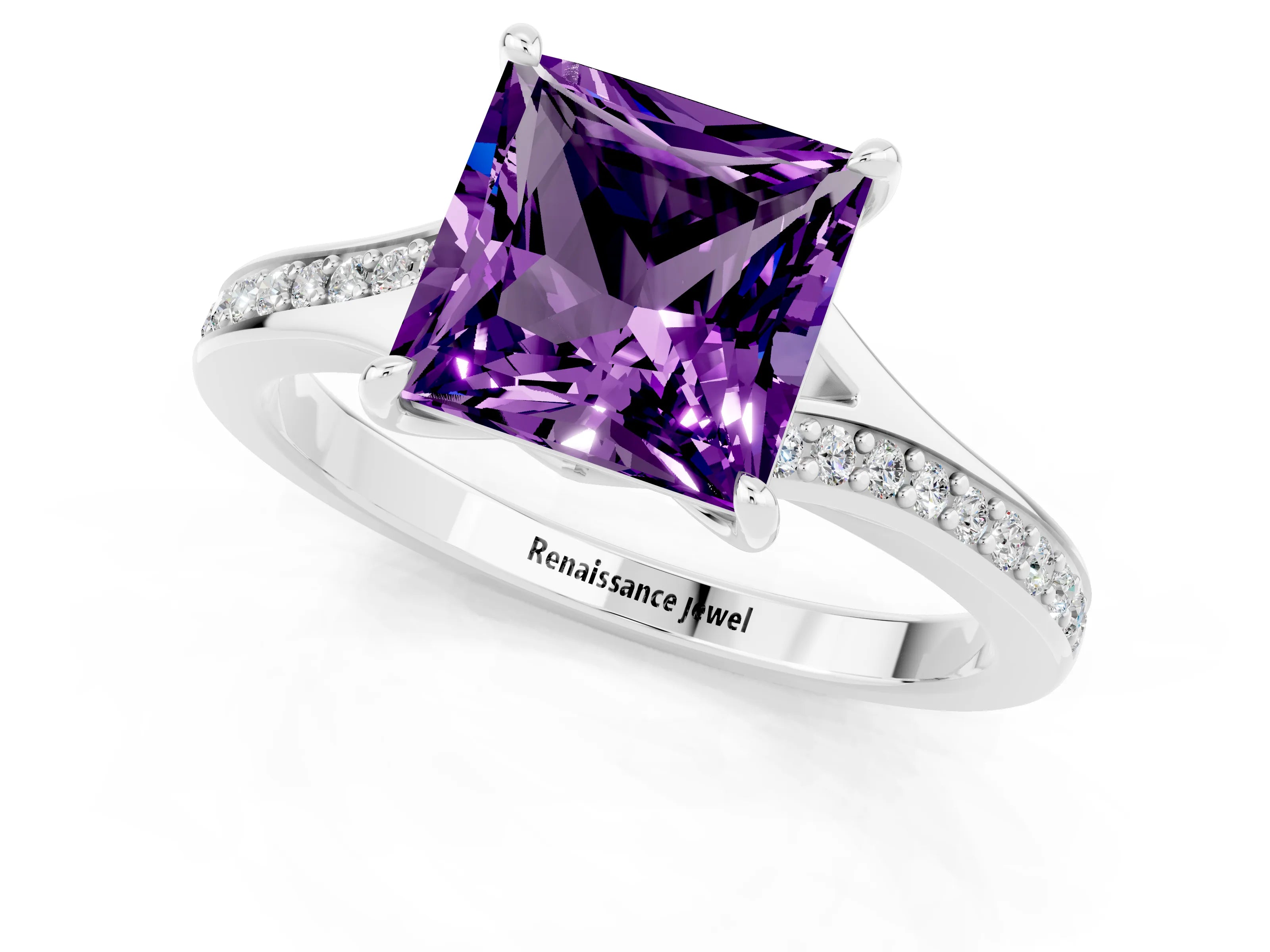Silver Princess Cut Amethyst Solitaire Ring with Pavé Band and Prong Setting_13