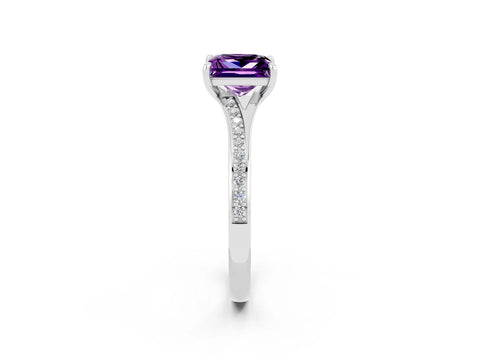 Silver Princess Cut Amethyst Solitaire Ring with Pavé Band and Prong Setting_14
