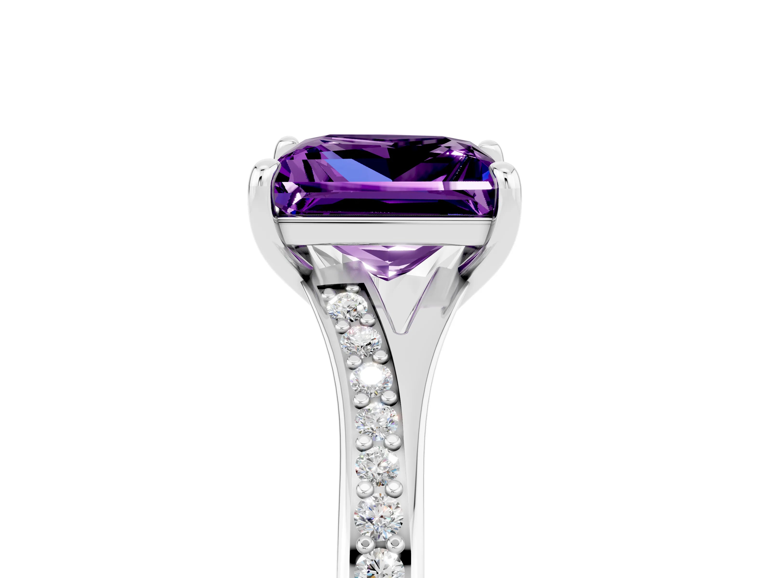 Silver Princess Cut Amethyst Solitaire Ring with Pavé Band and Prong Setting_17
