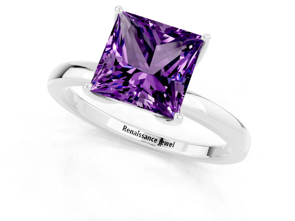 Silver Princess Cut Amethyst Solitaire Ring with Thin Band and Prong Setting