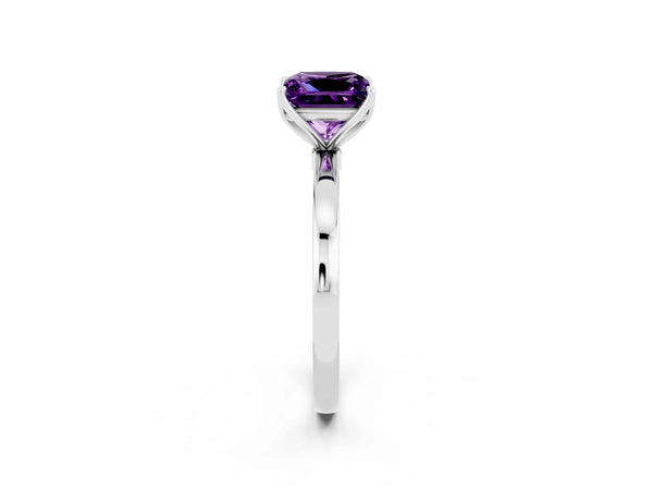 Silver Princess Cut Amethyst Solitaire Ring with Thin Band and Prong Setting