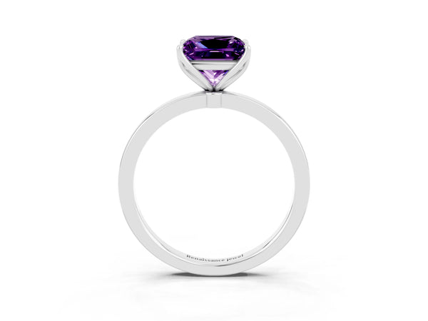 Silver Princess Cut Amethyst Solitaire Ring with Thin Band and Prong Setting