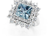 Silver Princess Cut Aquamarine Floral Double Halo Engagement Ring with Prong Setting_224