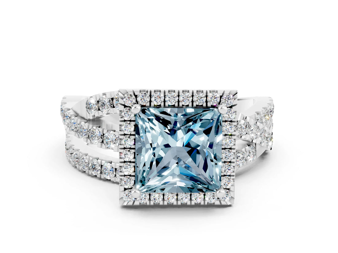Silver Princess Cut Aquamarine Halo Ring with Round Split Shank and Prong Setting_66