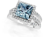 Silver Princess Cut Aquamarine Halo Ring with Round Split Shank and Prong Setting_67