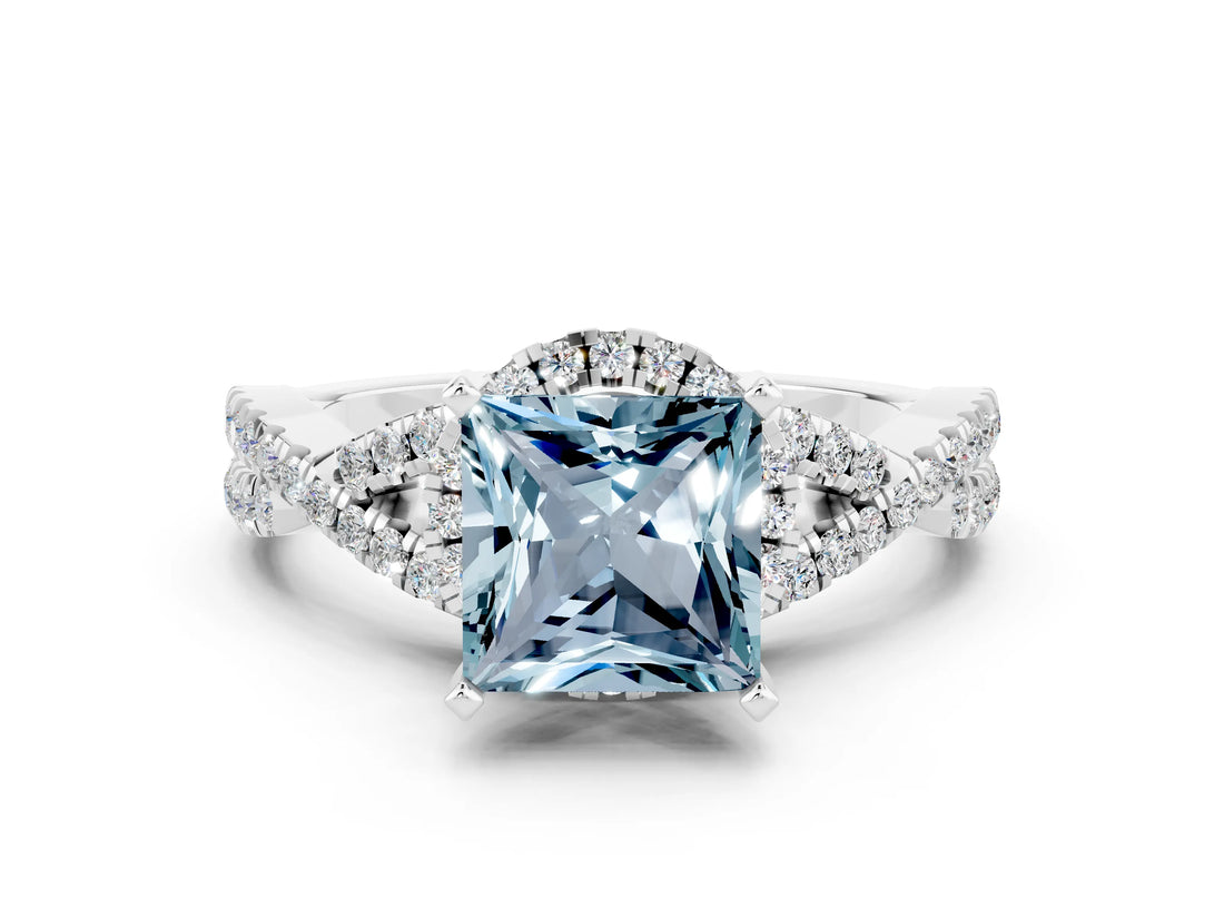 Silver Princess Cut Aquamarine  Halo Twist Band Solitaire Prong Setting Ring_12