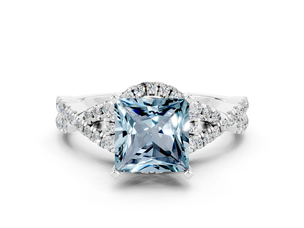 Silver Princess Cut Aquamarine  Halo Twist Band Solitaire Prong Setting Ring