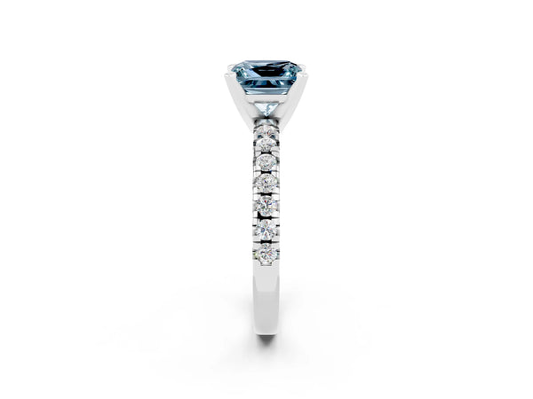 Silver Princess Cut Aquamarine Solitaire Pavé Engagement Ring with Round Band and Prong Setting