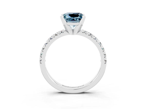 Silver Princess Cut Aquamarine Solitaire Pavé Engagement Ring with Round Band and Prong Setting