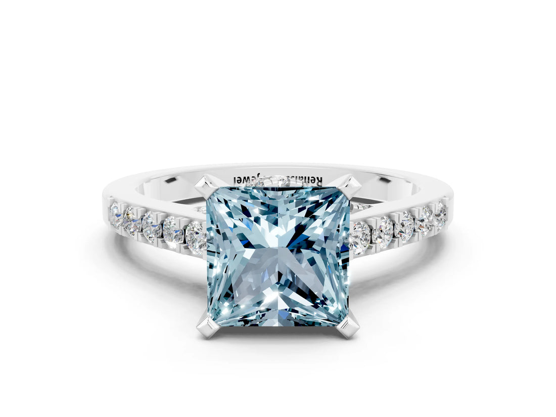Silver Princess Cut Aquamarine Solitaire Ring with Crossover Gallery and Round  Pavé Band_43