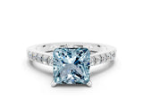 Silver Princess Cut Aquamarine Solitaire Ring with Crossover Gallery and Round  Pavé Band_43