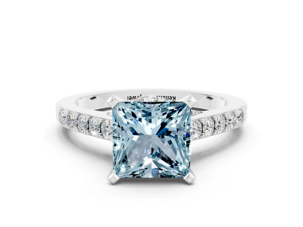 Silver Princess Cut Aquamarine Solitaire Ring with Crossover Gallery and Round  Pavé Band