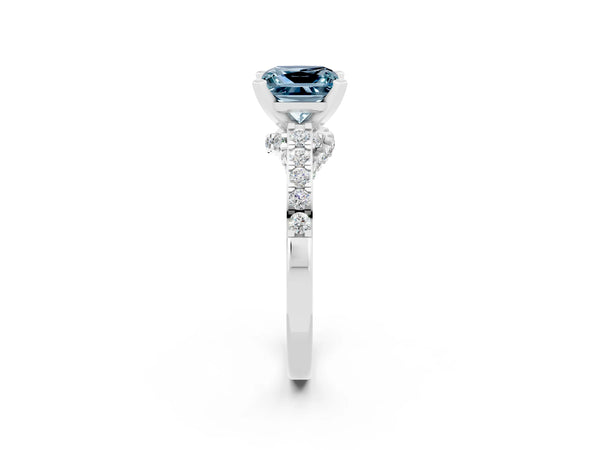 Silver Princess Cut Aquamarine Solitaire Ring with Crossover Gallery and Round  Pavé Band