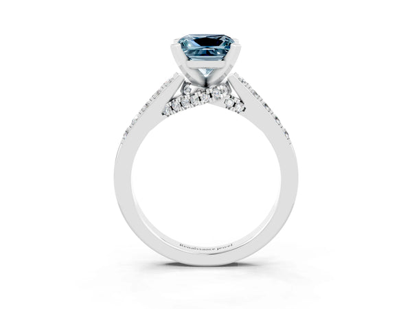Silver Princess Cut Aquamarine Solitaire Ring with Crossover Gallery and Round  Pavé Band