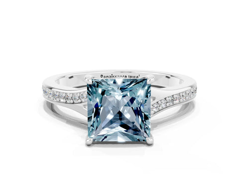 Silver Princess Cut Aquamarine Solitaire Ring with Pavé Band and Prong Setting_12