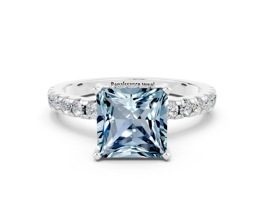 Silver Princess Cut Aquamarine Solitaire Ring with Round  Pavé Band and Four-Prong Setting_36