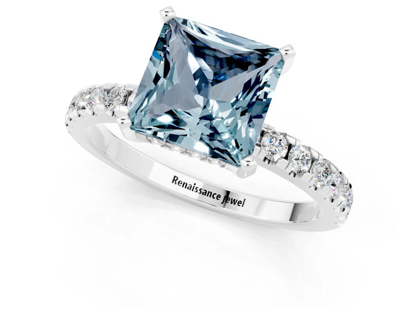 Silver Princess Cut Aquamarine Solitaire Ring with Round Pavé Band and Four-Prong Setting