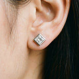 Silver Princess Cut Bezel Set Diamond Stud Earrings_12