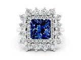 Silver Princess Cut Blue Sapphire Floral Double Halo Engagement Ring with Prong Setting_199