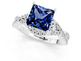 Silver Princess Cut Blue Sapphire  Halo Twist Band Solitaire Prong Setting Ring_13
