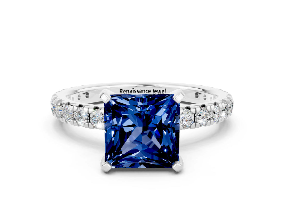 Silver Princess Cut Blue Sapphire Pavé Solitaire Ring with Round Band and Prong Setting_42