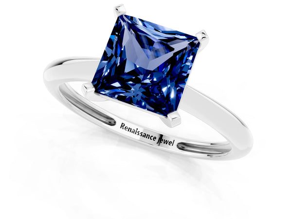 Silver Princess Cut Blue Sapphire Solitaire Engagement Ring with Classic Band and Four-Prong Setting