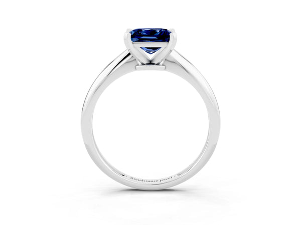 Silver Princess Cut Blue Sapphire Solitaire Engagement Ring with Classic Band and Four-Prong Setting
