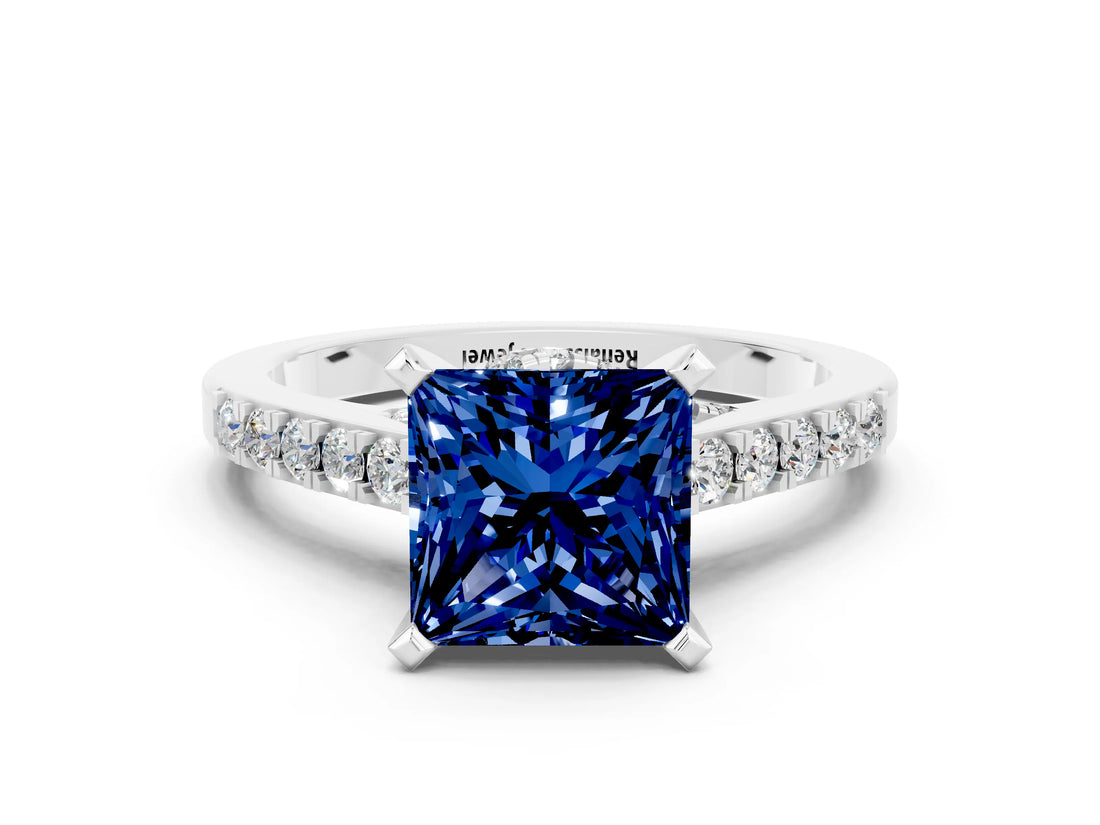 Silver Princess Cut Blue Sapphire Solitaire Ring with Crossover Gallery and Round  Pavé Band_48