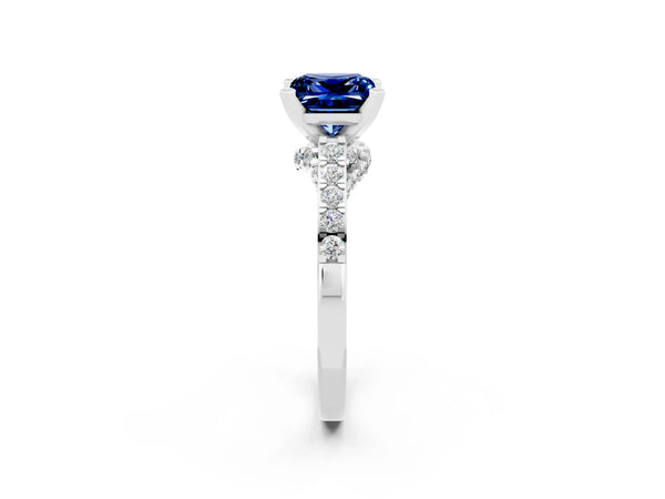 Silver Princess Cut Blue Sapphire Solitaire Ring with Crossover Gallery and Round  Pavé Band