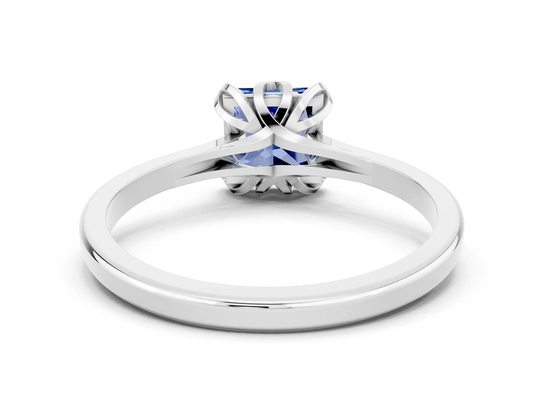Silver Princess Cut Blue Sapphire Solitaire Ring with Flower Prong Setting and Classic Band