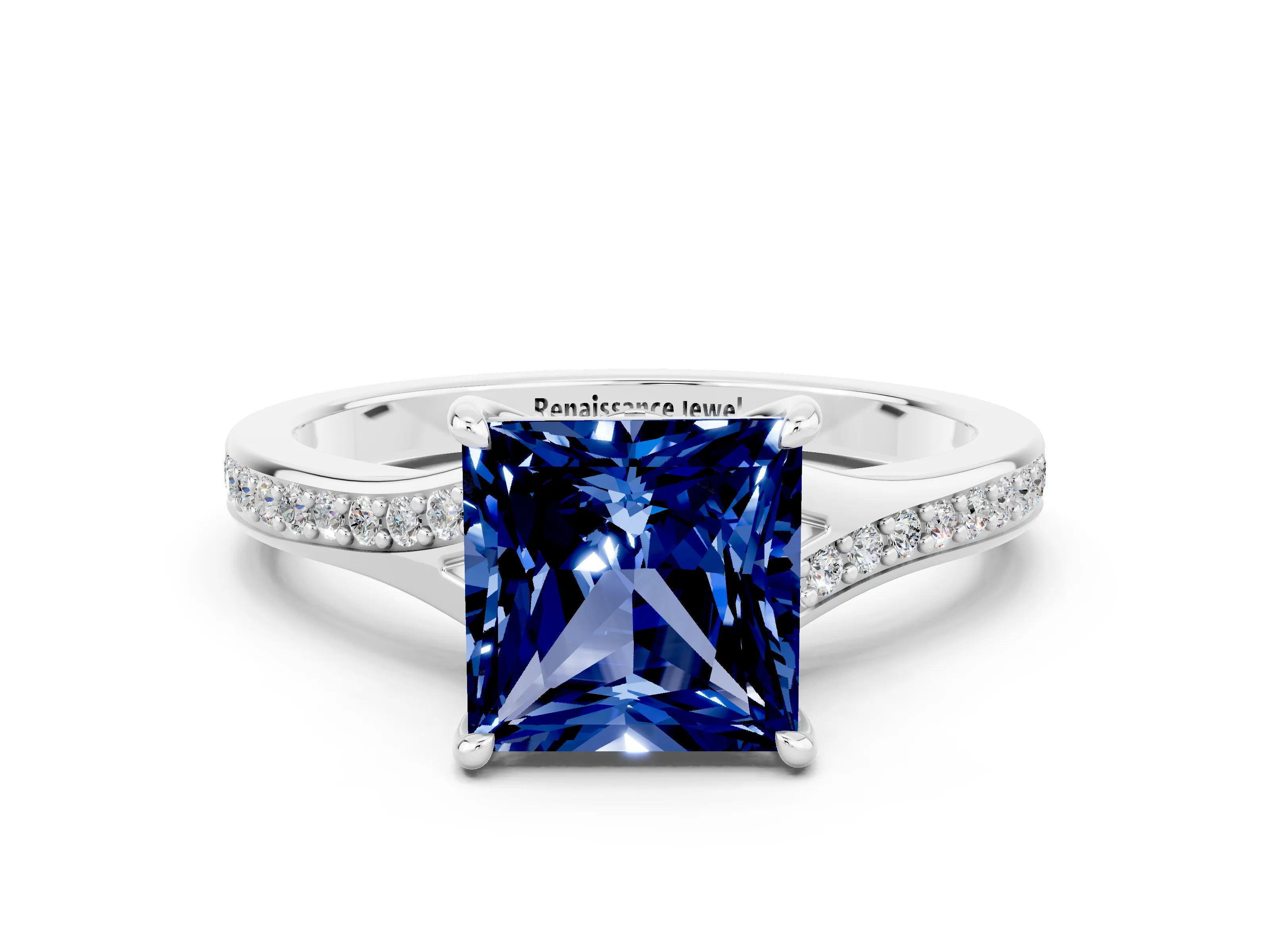 Silver Princess Cut Blue Sapphire Solitaire Ring with Pavé Band and Prong Setting_12