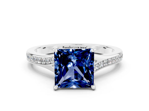 Silver Princess Cut Blue Sapphire Solitaire Ring with Pavé Band and Prong Setting_12