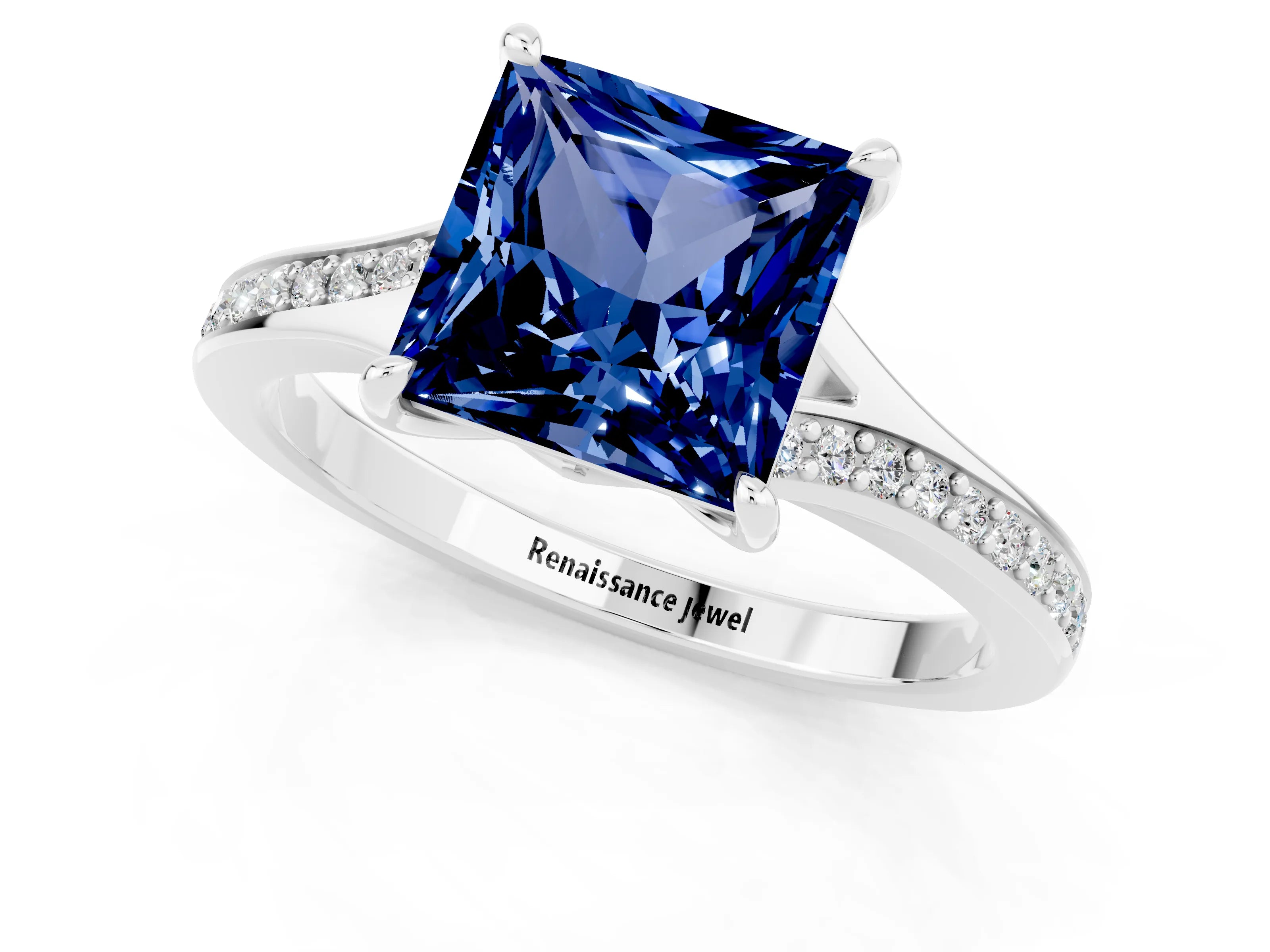 Silver Princess Cut Blue Sapphire Solitaire Ring with Pavé Band and Prong Setting_13