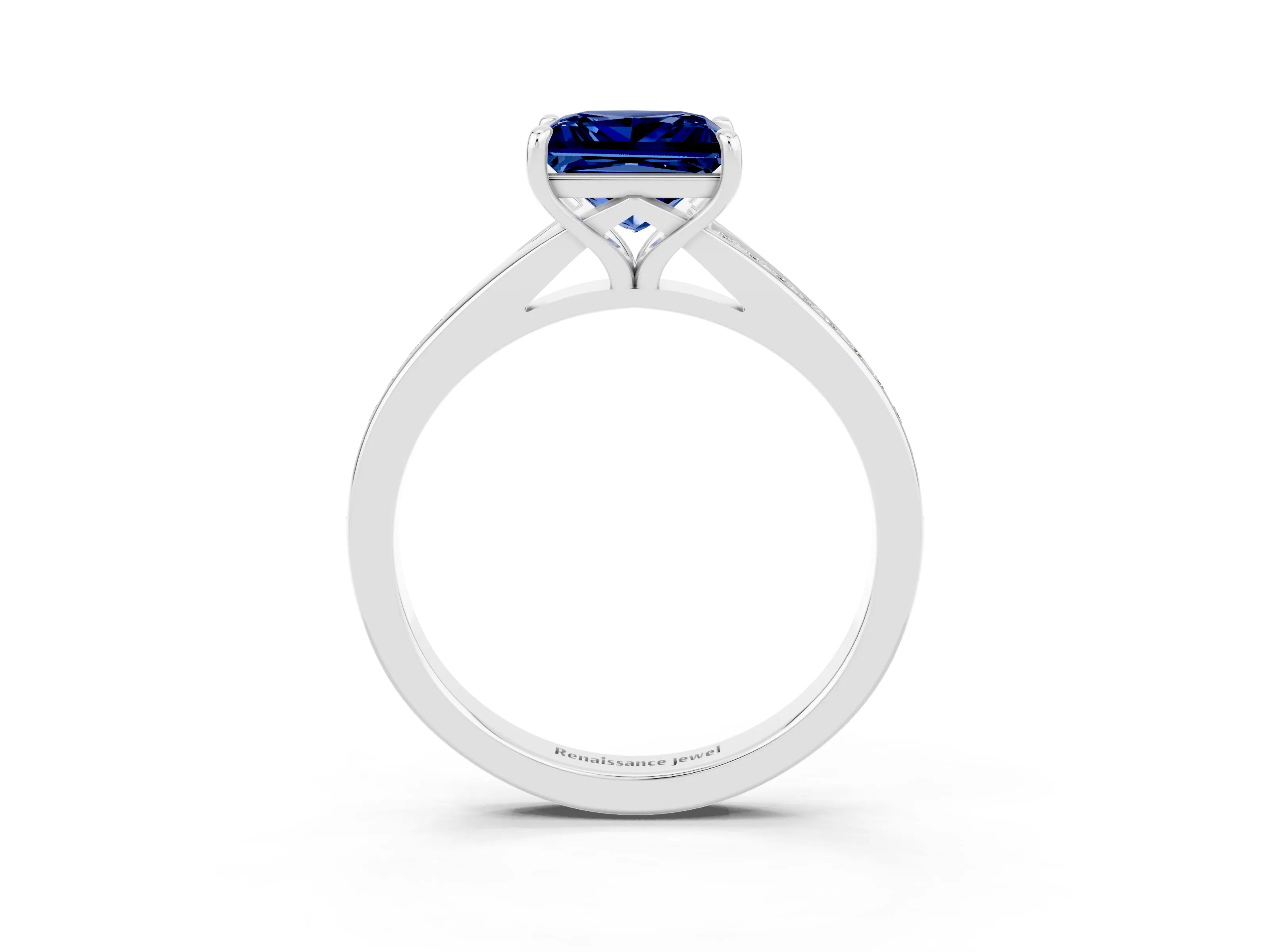 Silver Princess Cut Blue Sapphire Solitaire Ring with Pavé Band and Prong Setting_15