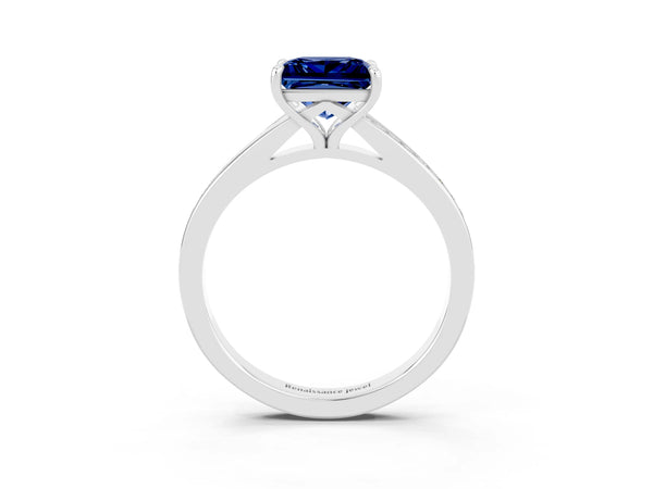 Sterling Silver Princess Cut Lab-Grown Blue Sapphire Pave Solitaire Engagement Ring with Sweeping Shoulders