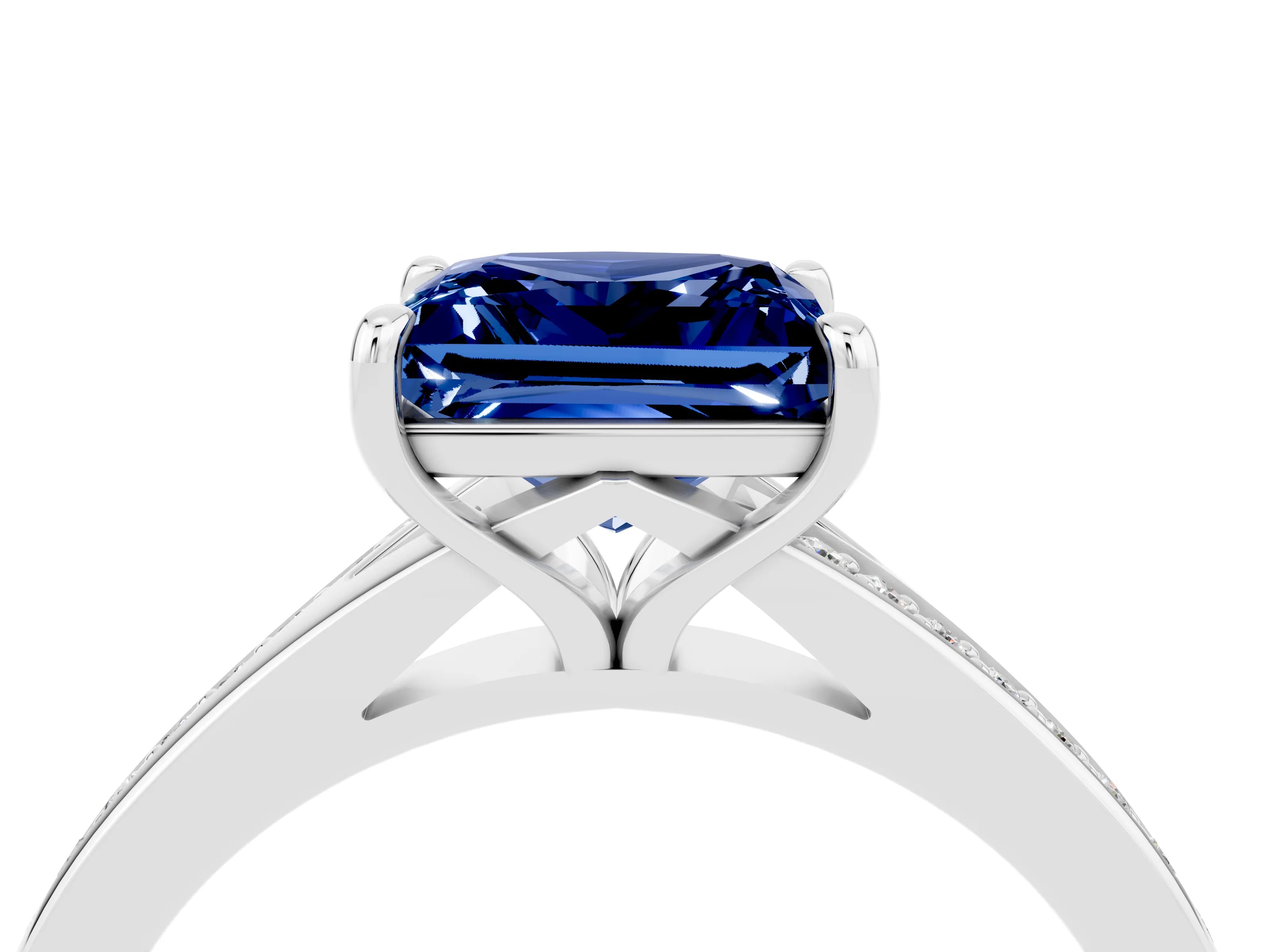 Silver Princess Cut Blue Sapphire Solitaire Ring with Pavé Band and Prong Setting_16