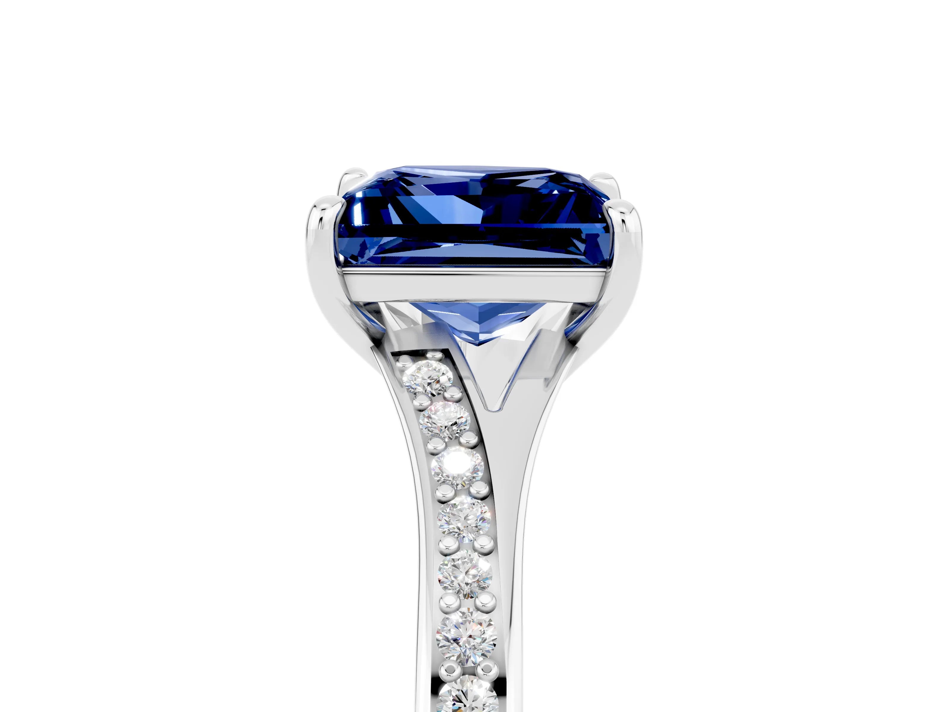 Silver Princess Cut Blue Sapphire Solitaire Ring with Pavé Band and Prong Setting_17